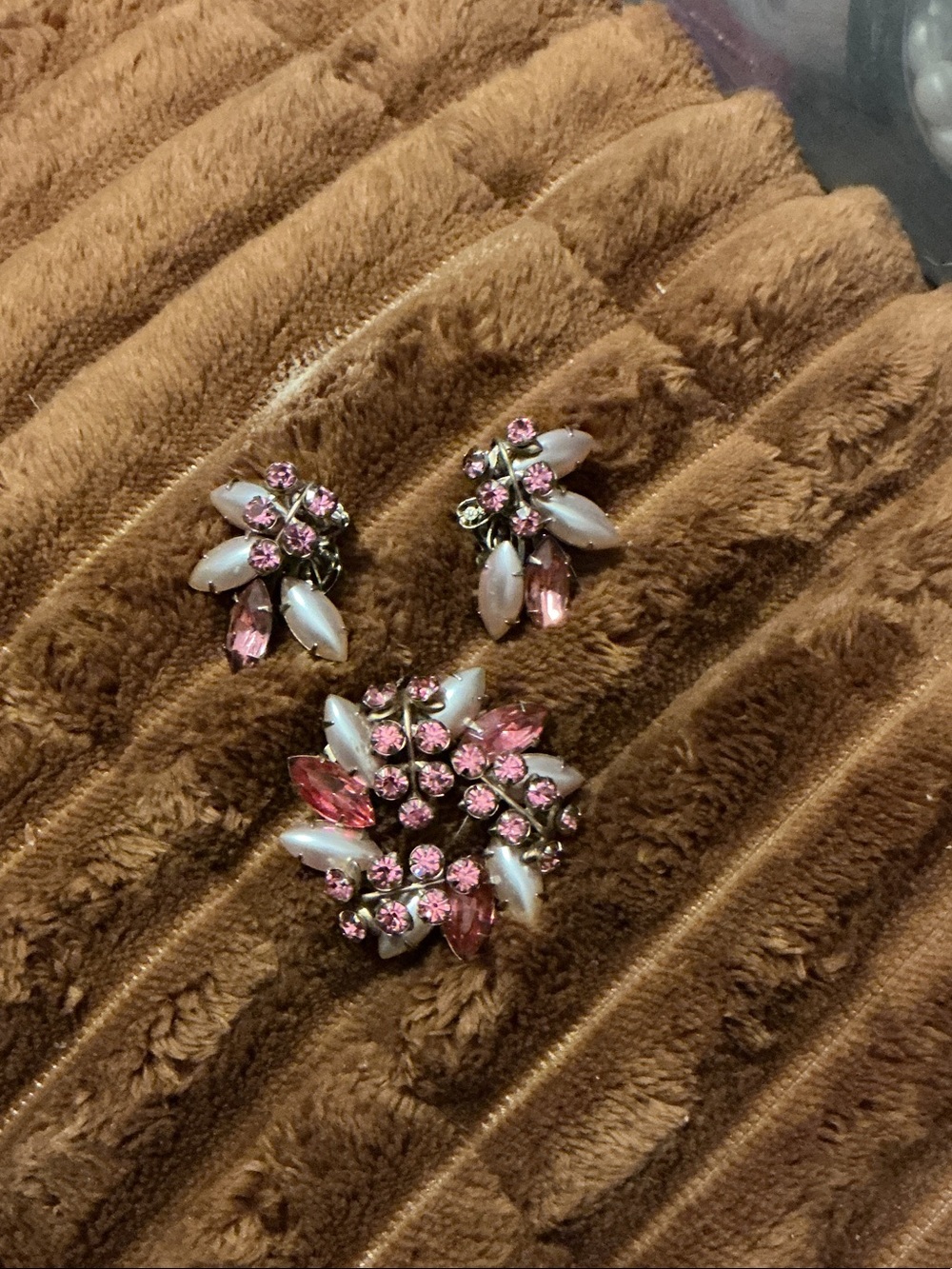 Vintage Pink Crystal Floral Brooch and Earring Set